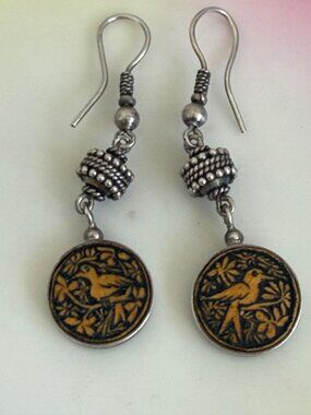 Vintage 80s Dangle Earrings 950 Sterling Silver Carved Wood Birds Boho